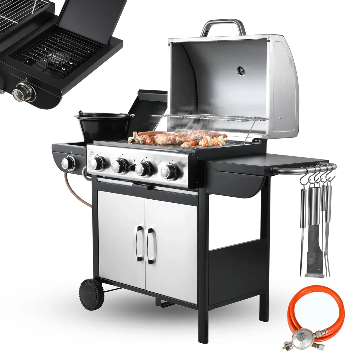 4+1 Bruciatore Barbecue a Gas in Acciaio Inox Con Termometro e Piano Cottura Laterale, 14.05KW BBQ Ad Alte Prestazioni per Giardini, Feste, Campeggio