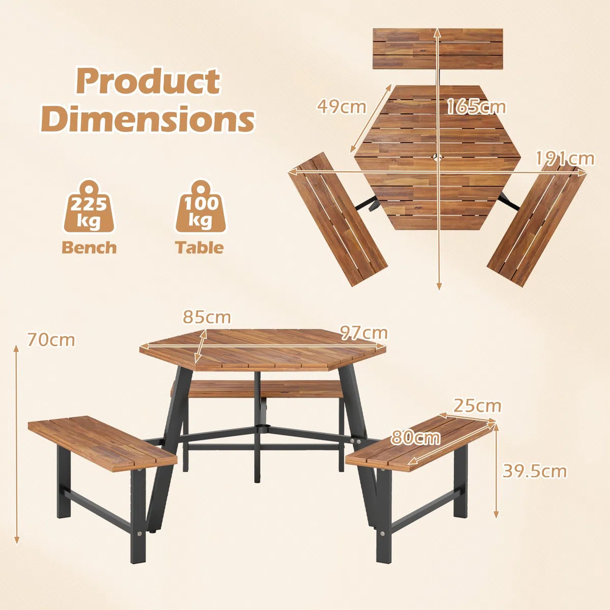KOMFOTTEU Set di mobili per 6 persone, set da picnic in legno di acacia con foro per ombrellone, set da tavolo e 3 panche per giardino, terrazza, 191 x 165 x 70 cm