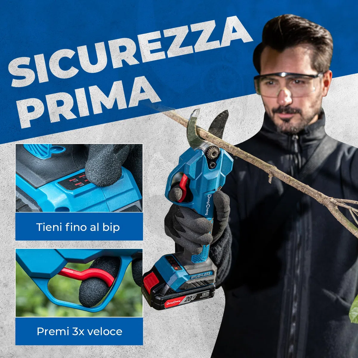 Dong Cheng Troncarami a batteria da 20 V, 4 livelli di taglio fino a 35 mm, motore professionale senza spazzole, 2 batterie da 2,0 Ah, caricatore da 2 A, lama SK5 – per alberi da frutto, giardinaggio