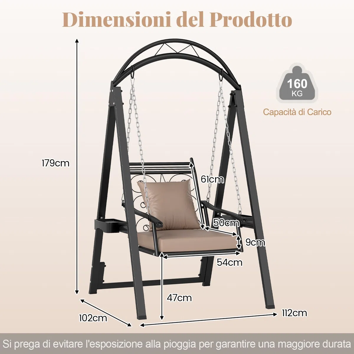 RELAX4LIFE Sedia a Dondolo Singola con Supporto, in Metallo con Cuscini Morbidi, Tavolini con Portabicchieri, Ganci e Catene, da Esterno/Interno, per Balcone Giardino (NERO)