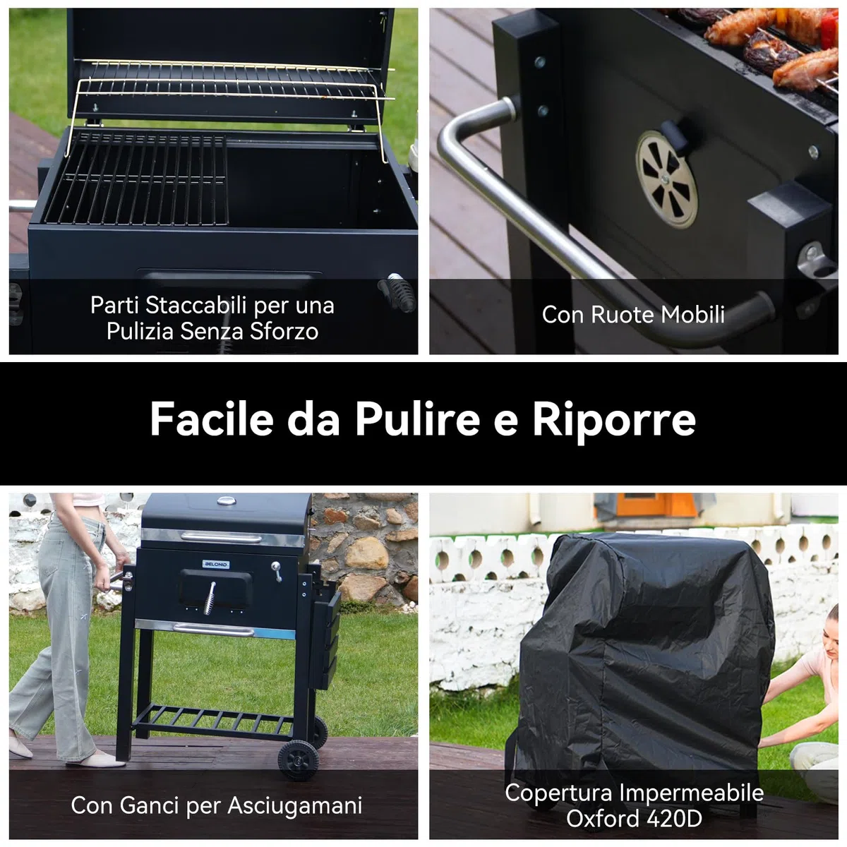 Barbecue a Carbonella, Barbecue con Coperchio, Superficie Cottura: 56×42,5 cm, Vassoio Carbone Regolabile in Altezza, Tavolino Laterale Pieghevole, Con Copertura Barbecue da Esterno
