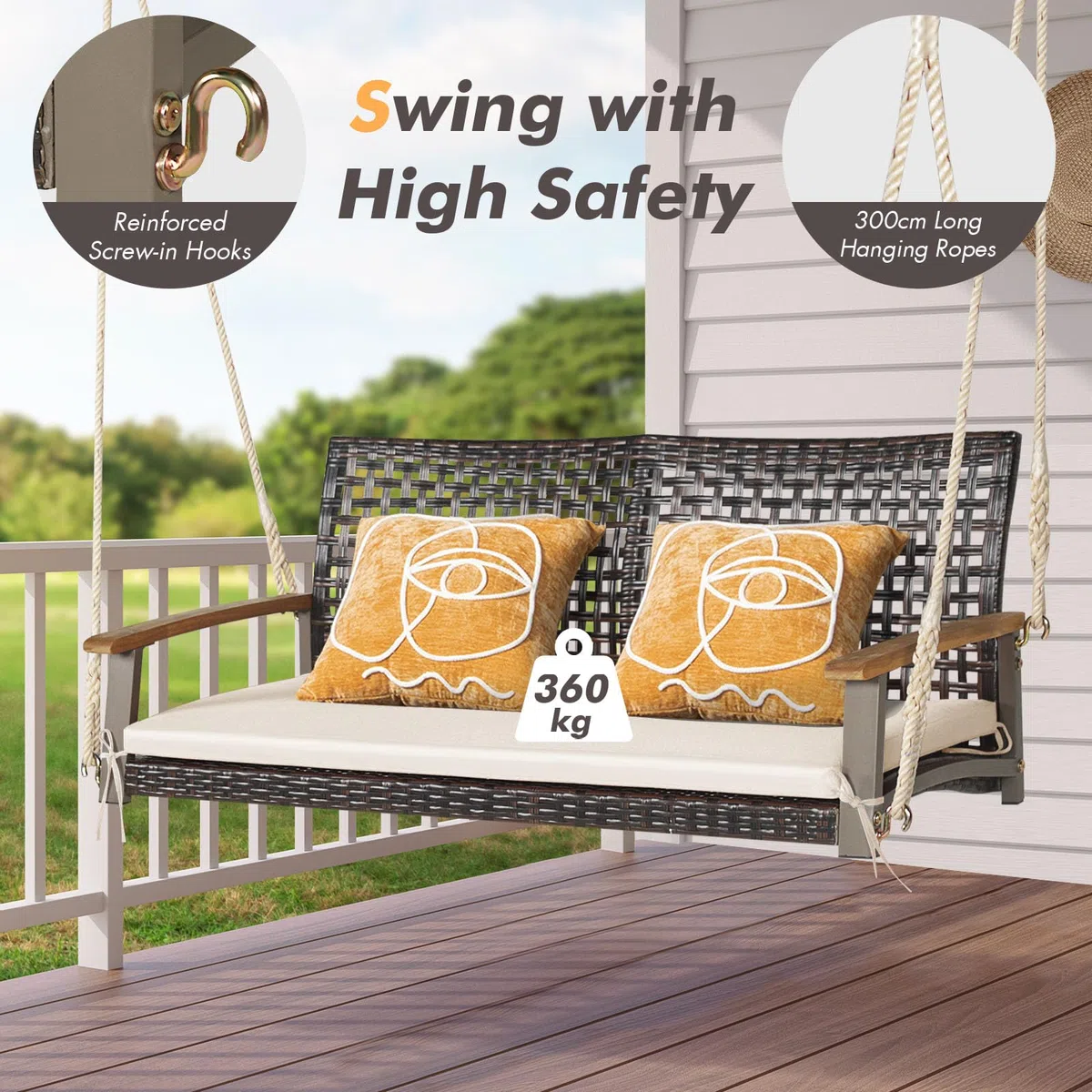 LIFEZEAL Dondolo sospeso a 2 posti, in rattan sintetico, con cuscino, doppia altalena in rattan PE con corde da terrazza, dondolo con schienale e braccioli in legno (beige)