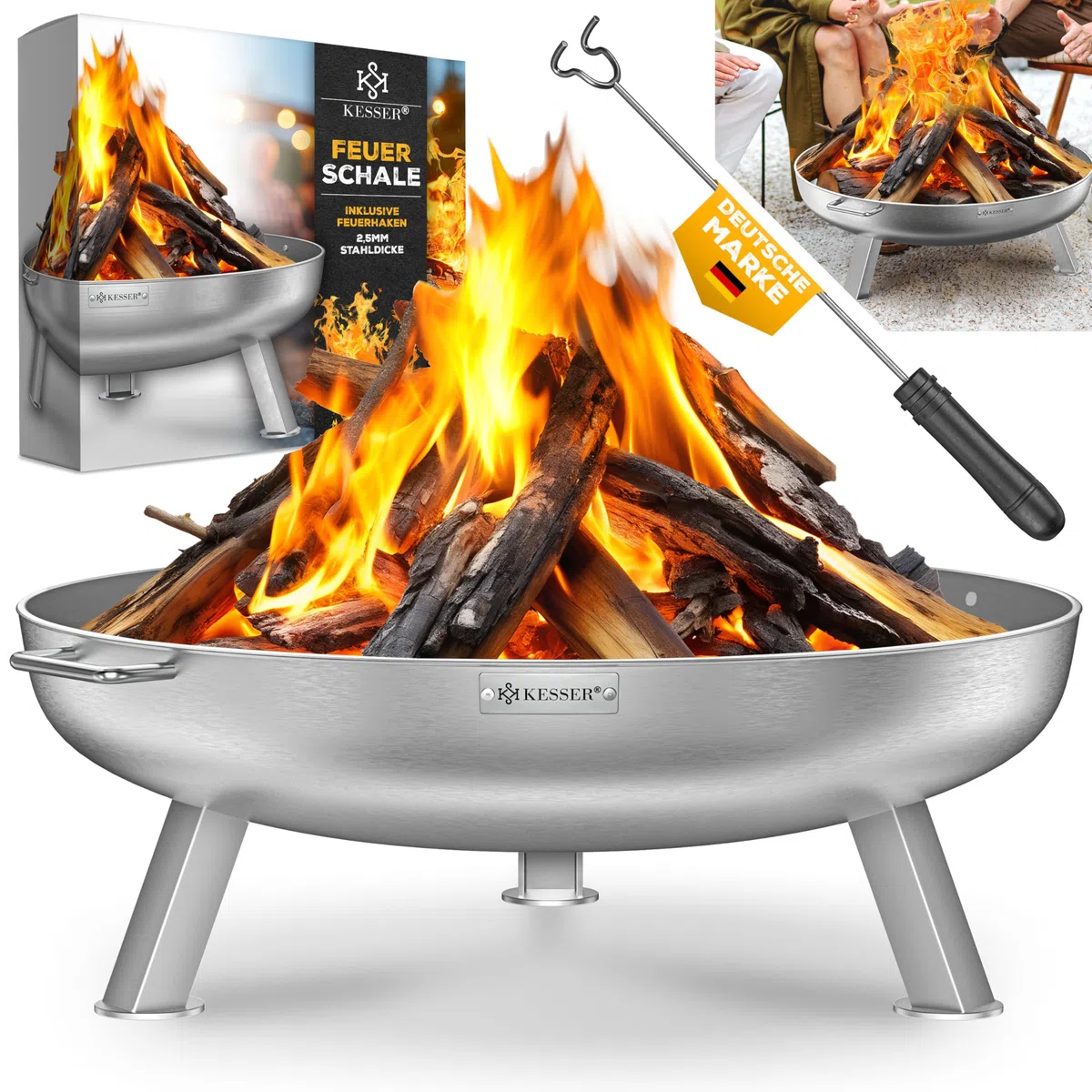 KESSER Braciere da 2,5 mm di spessore, in acciaio legato, Ø 80 cm, braciere con gancio da 42 cm, scarico dell'acqua in ghisa e 2 maniglie stabili, braciere per camino in legno e carbone, per giardino