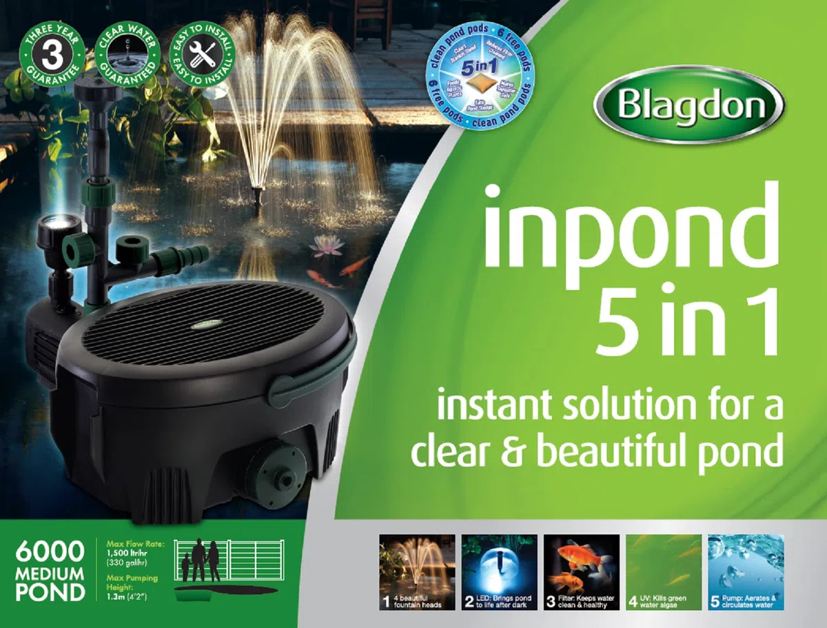 Blagdon Soluzione Inpond 5 in 1 6000 Easy Care per laghetto, pompa e filtro da 26,5 W con chiarificatore UV per il controllo delle alghe e l'acqua pulita, luce a LED, 3 teste di fontana, per laghetti fino a 6.000 l, nero