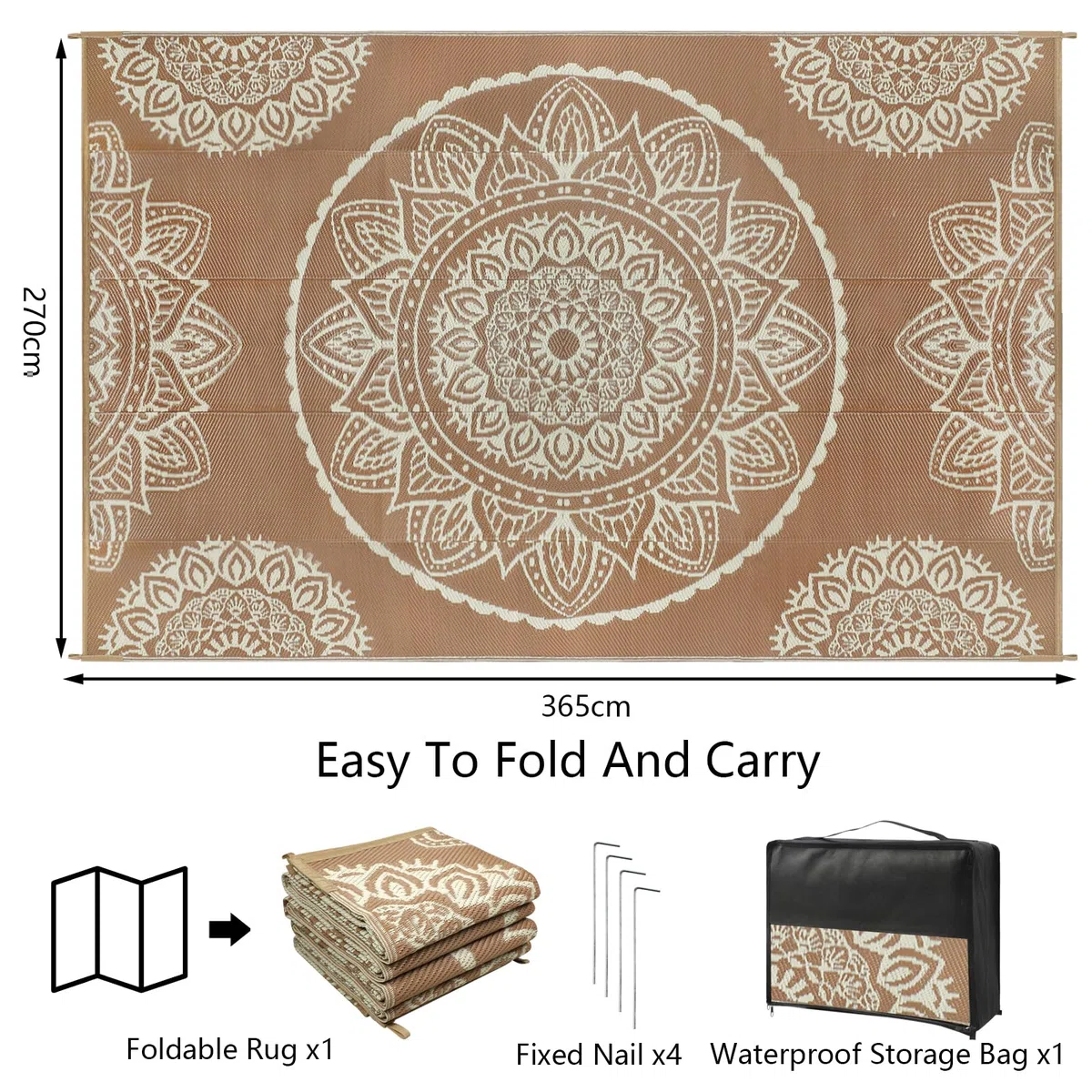 Famibay Tappeto da Esterno Resistente alle Intemperie 270x365cm Reversibile per Campeggio Tappeto da Esterno Impermeabile Beige Marrone in Plastica Ribaltabile Leggero Tappeto da Esterno per Terrazza