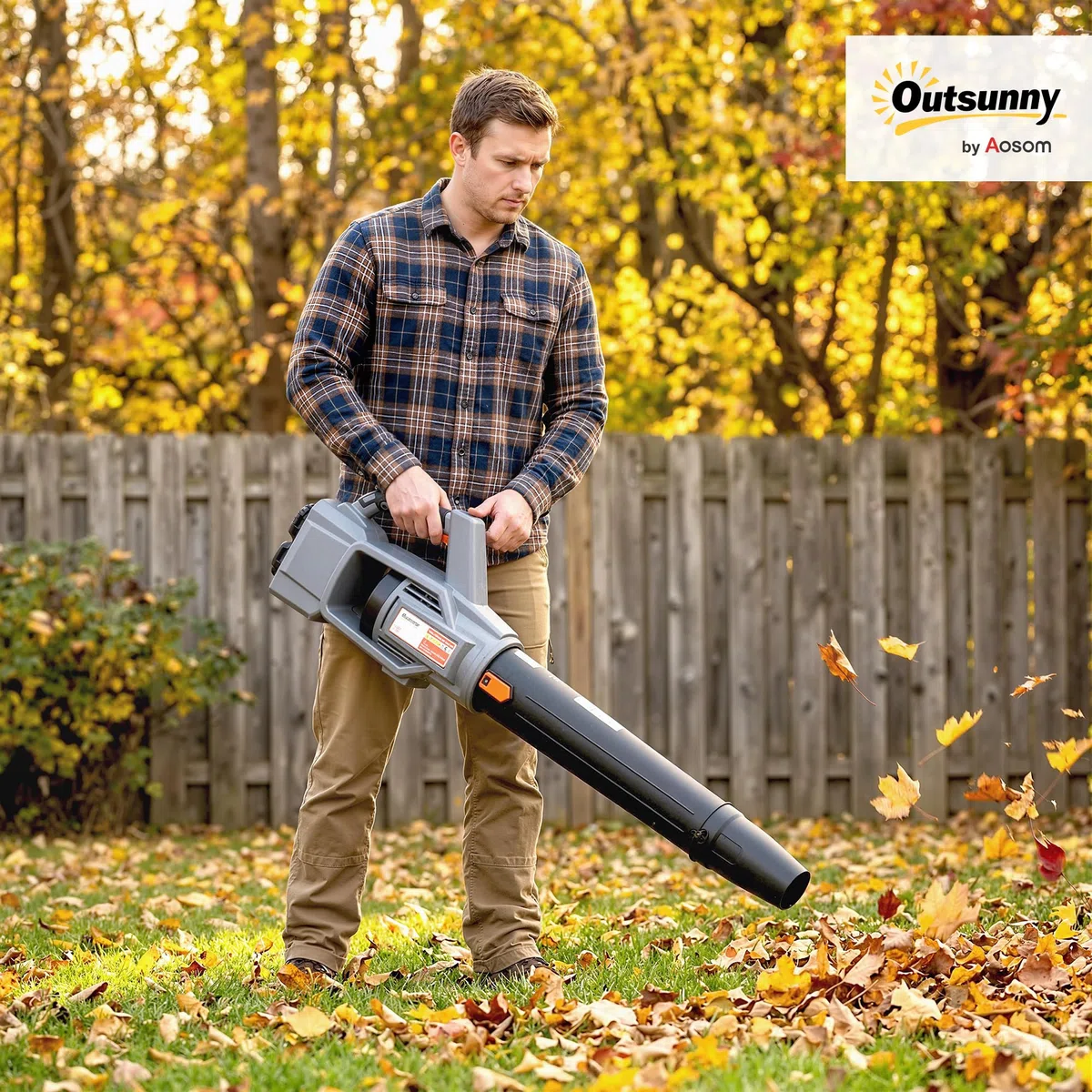 Outsunny Soffiatore a Batteria 36V, Soffiatore Foglie con 2 Batteria 4Ah, Motore Brushless 1000W, 3 Livelli Velocità 270 km/h, Turbo Boost, Caricabatterie, Leggero, per Giardino Foglie Neve Polvere