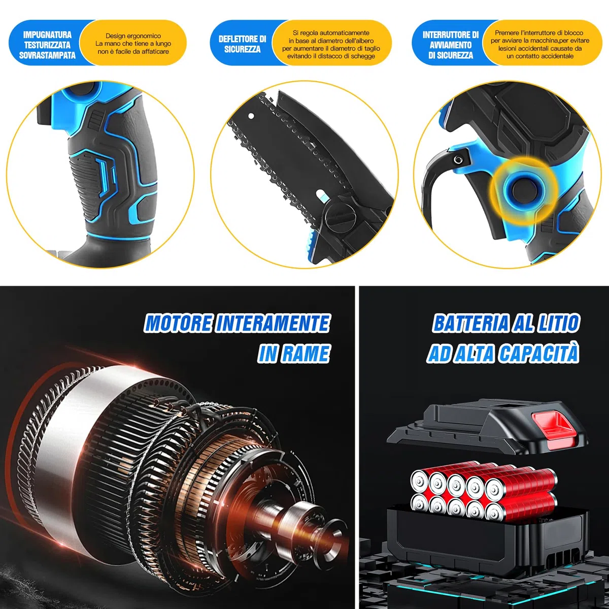 Cesoie a Batteria Per Potatura，Seghetto a Batteria，Kit Motosega e Forbici a Batterry，2 Batterry 48v 2000mah,Viene Fornito Con Catena e Forbici.