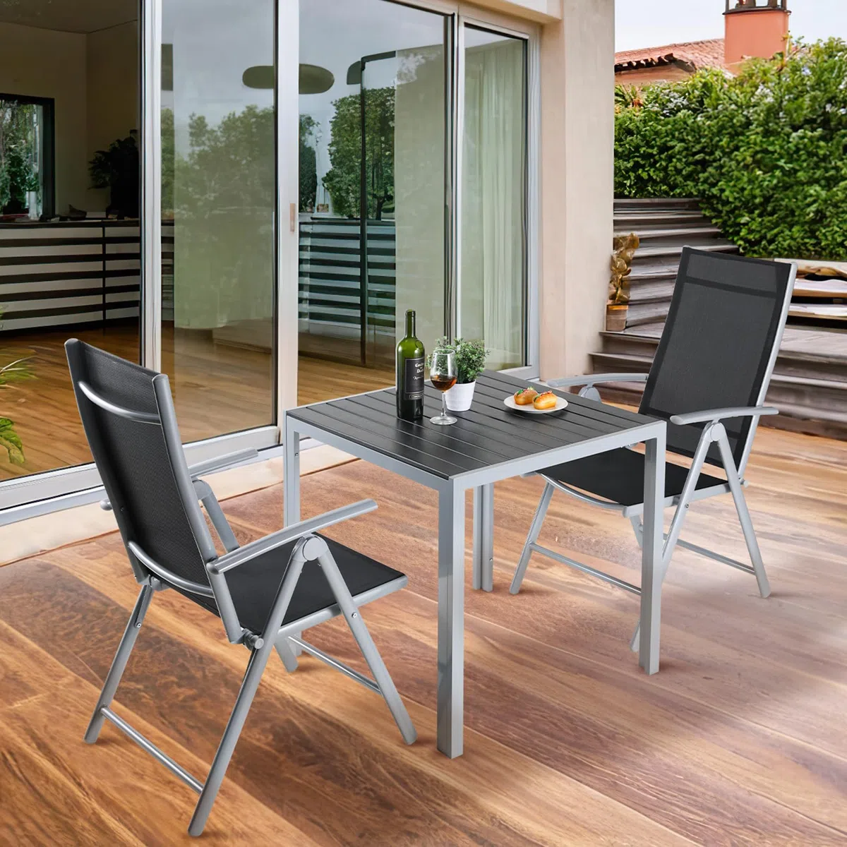 LIFERUN Set Giardino Esterno Alluminio 3 Pezzi, Tavolo da Giardino con Sedie, 1 Tavolo e 2 Sedie Pieghevole, Salotto Per Patio Giardino Balcone Veranda Esterno Piscina Terrazzo, Grigio argento