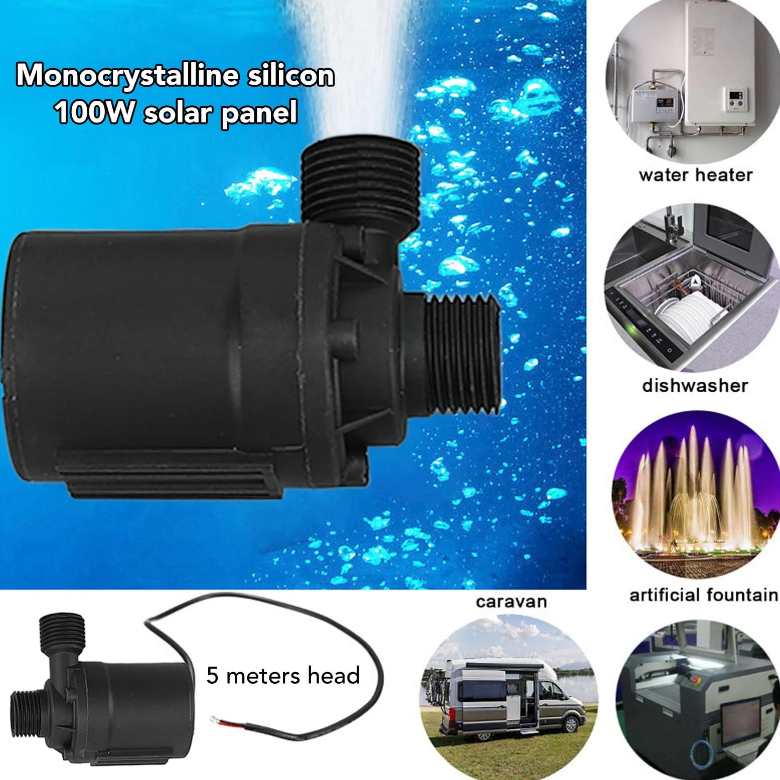 Pannello Solare da 100W Silicio Monocristallino, Kit di Pompe per Acqua Solare a Sollevamento da 5 M con Scatola di Accumulo di Energia per Piscina da Giardino, Circolazione