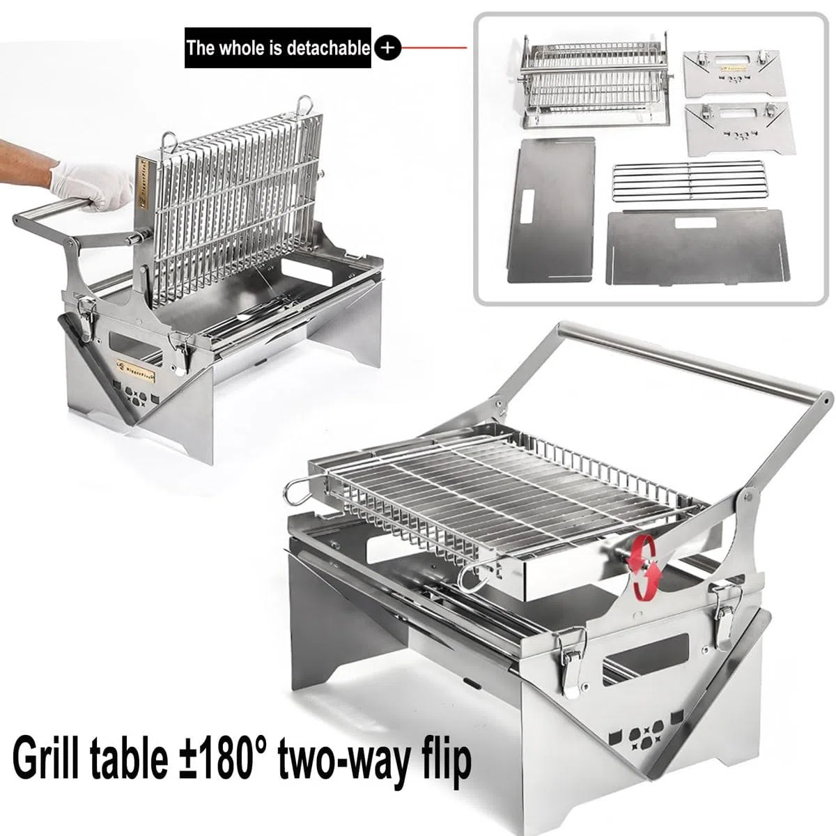 Griglia a carbone portatile girevole a 360°,griglie for barbecue girevoli in acciaio inossidabile con vassoio rimovibile e telaio in acciaio regolabile,griglia for barbecue a carbone portatile