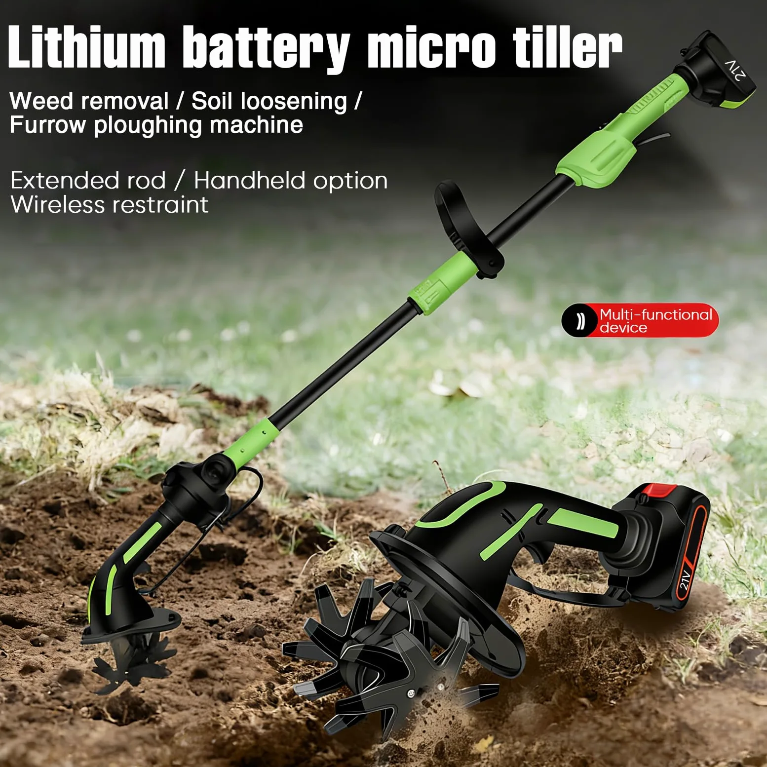 Motozappa Electrica 650 W, Mini Motozappa Batteria con Batteria 3000 mAh, Asta da 1,3 m, Larghezza di lavorazione 10 cm, Profondità di lavorazione 10 cm per allentare la Terra in giardini, orti e