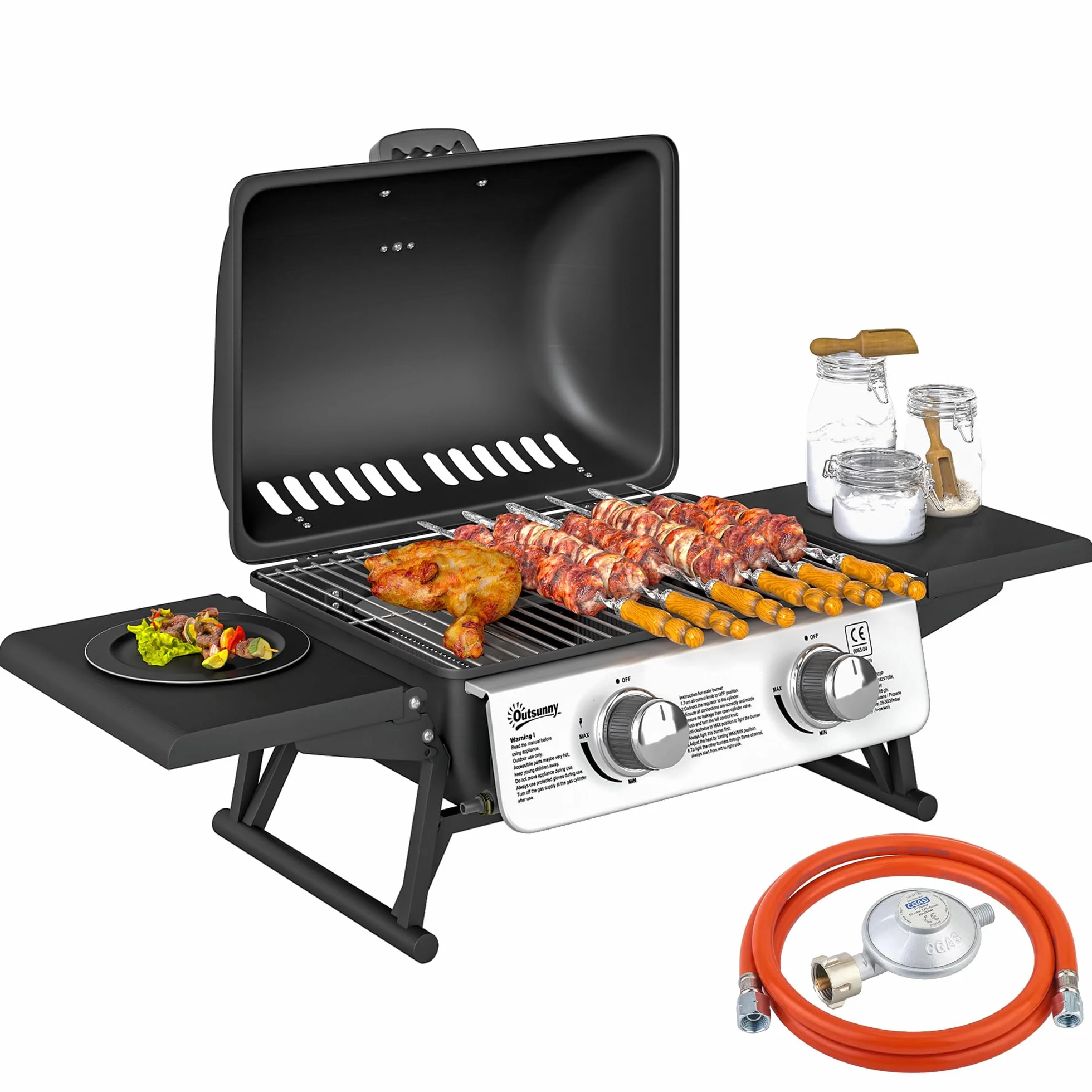 Outsunny Barbecue a gas da tavolo trasportabile, 2 bruciatori da 5,6 kW, barbecue a gas da campeggio con griglia di cottura, ripiani laterali, coperchio, termometro, per campeggio, giardino e balcone,