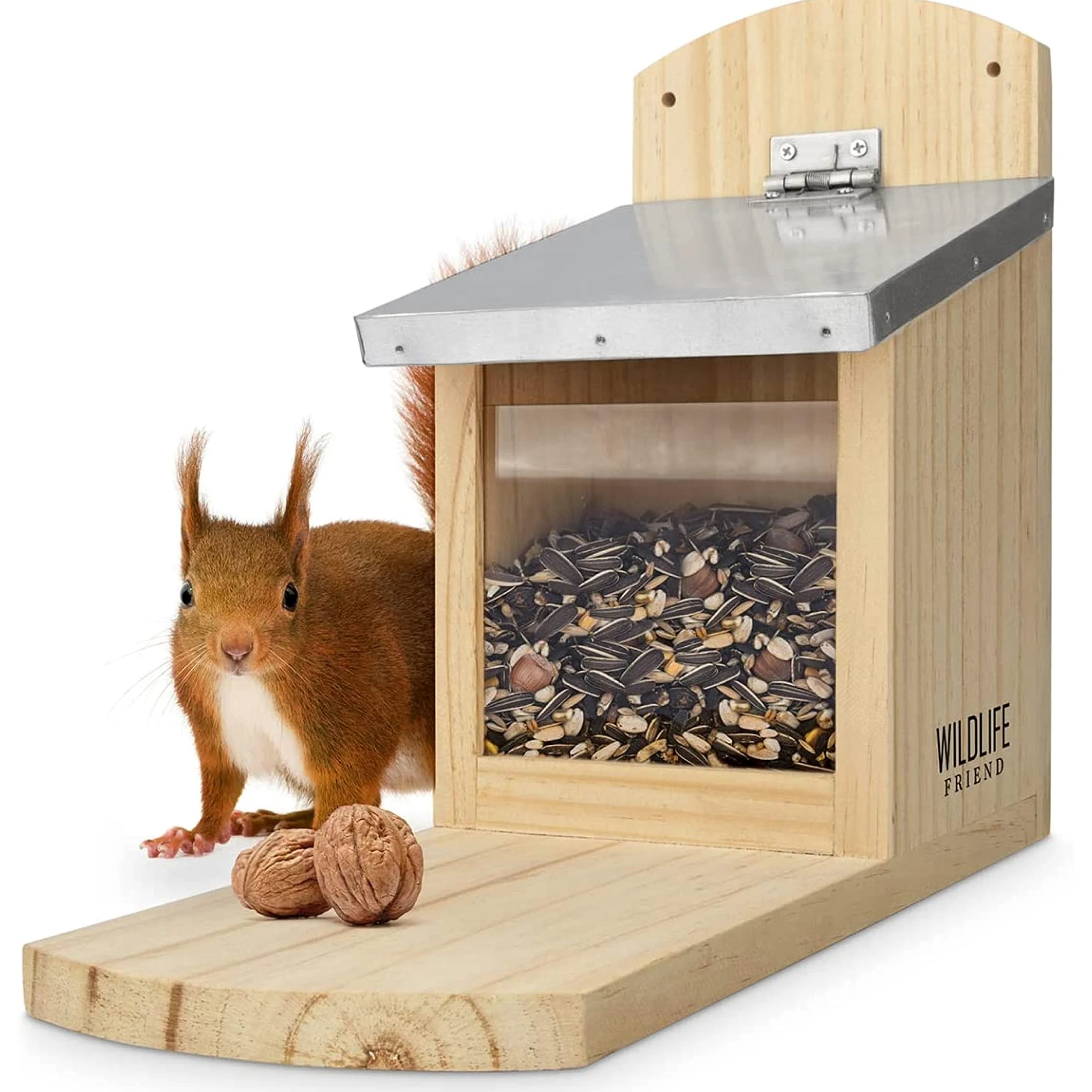 WILDLIFE FRIEND | Mangiatoia Scoiattoli XXL – Da Riempire con Mangime Scoiattolo – Resistente alle Intemperie – Realizzata in Legno Massello, Tetto in Metallo e Finestrina in Plastica – 26x14x29cm