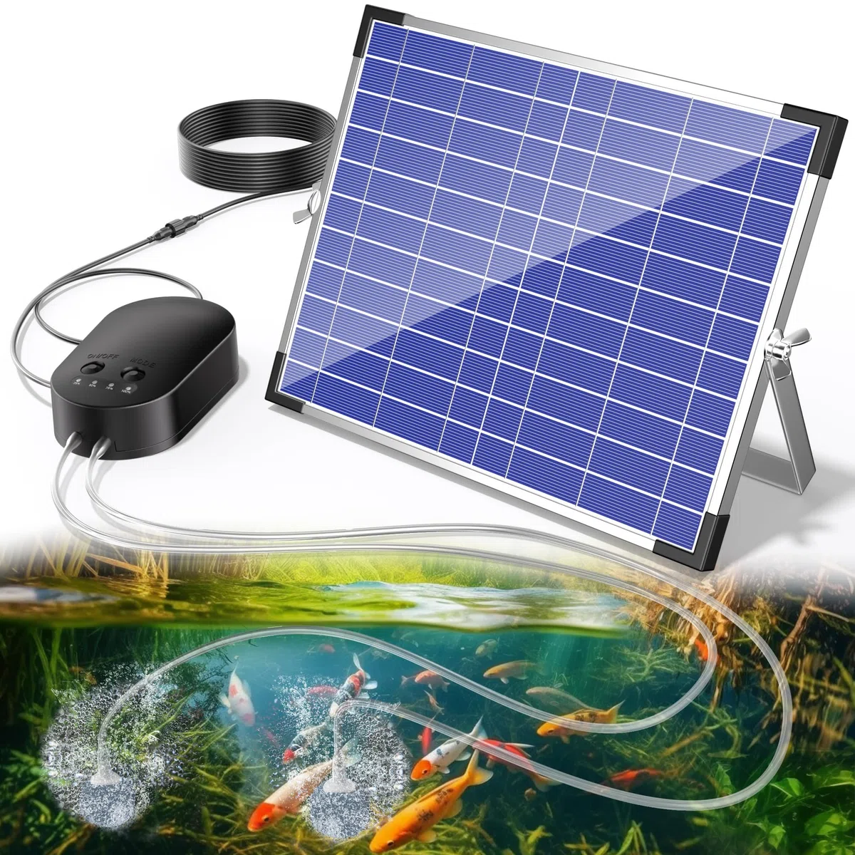 Biling 15 W Aeratore Laghetto Solare, Pompa ad Aria Solare Ossigenata con 4400mAh Batteria, Batteria Indicatore Carica, 4 Pietre Porose Tubo da 4 m, Aerazione di Laghetti da Giardino, Acquari, Pesca
