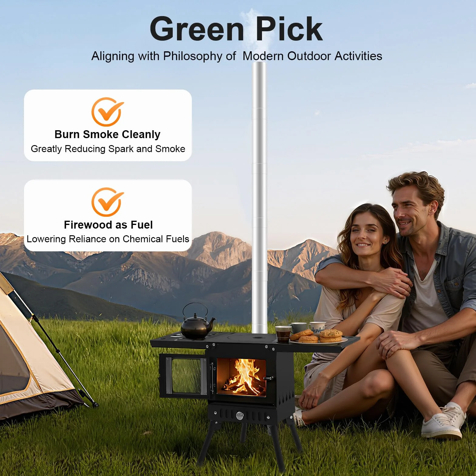 Stufa a legna pieghevole da campeggio con camino, altezza regolabile 36-56 cm, per esterni, barbecue e riscaldamento (acciaio inossidabile)