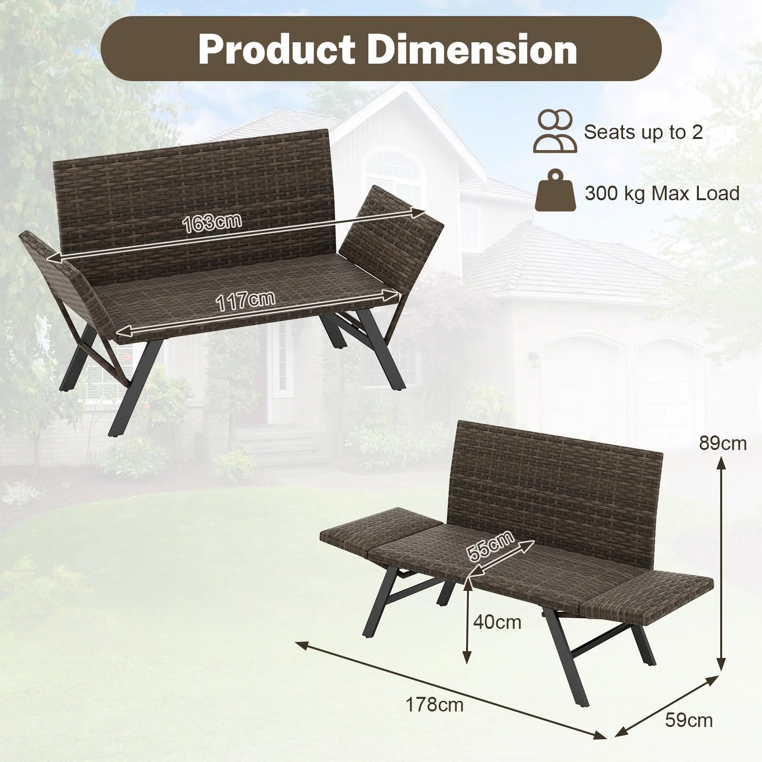 GIANTEX Divano da giardino in rattan a 2 posti, panca convertibile da esterno con braccioli regolabili, design intrecciato, lunghezza 163-178 cm, carico 300 kg, lettino da giardino per terrazza