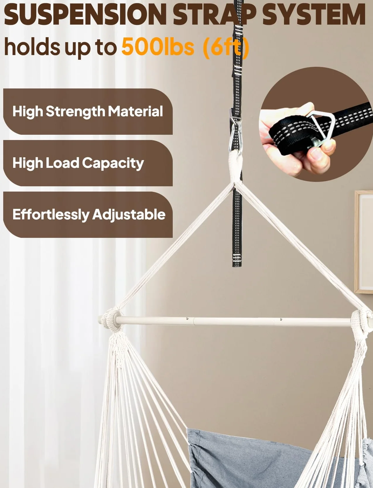 Chihee Sedie sospese Sedia amaca Massimo 227KG 2 cuscini inclusi Barra di diffusione in Metallo con scanalature antiscivolo Sedia sospesa portatile Tasca laterale Grande sedia bohémien in macramè