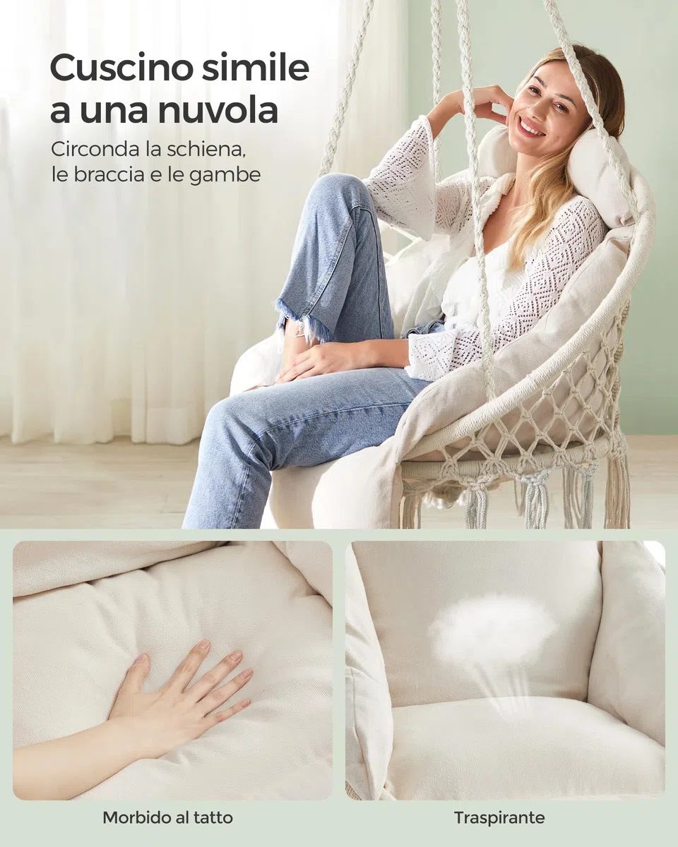 SONGMICS Sedia Altalena, Sedia Amaca, Cuscino Ben Imbottito, Sedia Sospesa Boho, Camera da Letto Balcone Giardino Soggiorno, Regge 120 kg, Accessori Inclusi, Bianco Crema GDC042M01