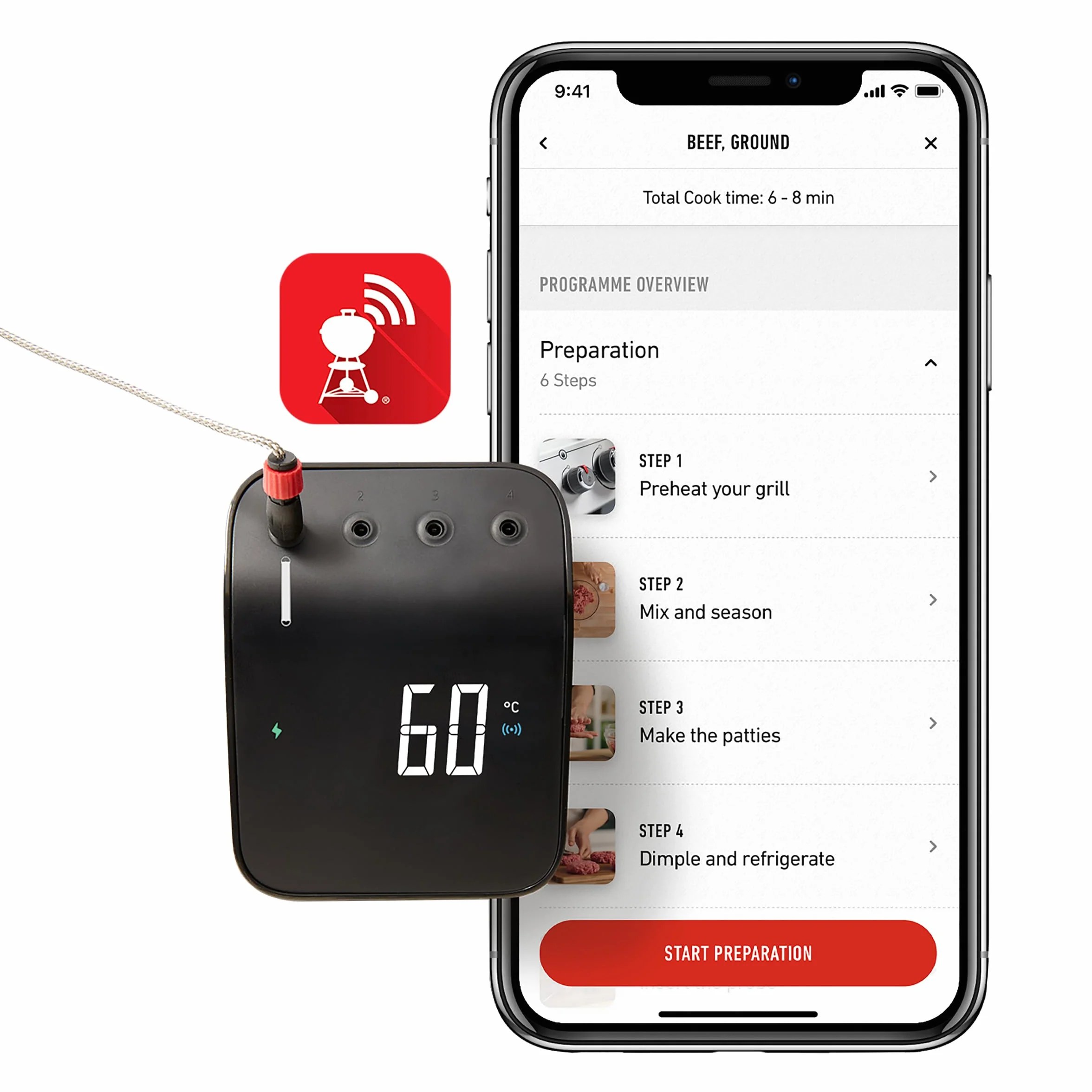 Weber Connect Smart Grilling Hub/Compatibile con tutti i barbecue (App Weber Connect), Wi-Fi/Bluetooth, avvisi e display LED. Ricaricabile USB, supporta 4 sonde. 7,5 x 9,8 x 3,4 cm