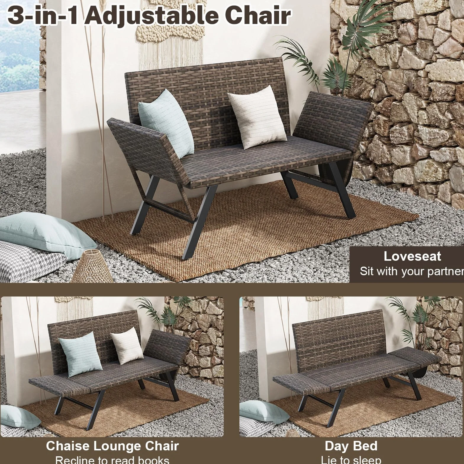 GIANTEX Divano da giardino in rattan a 2 posti, panca convertibile da esterno con braccioli regolabili, design intrecciato, lunghezza 163-178 cm, carico 300 kg, lettino da giardino per terrazza