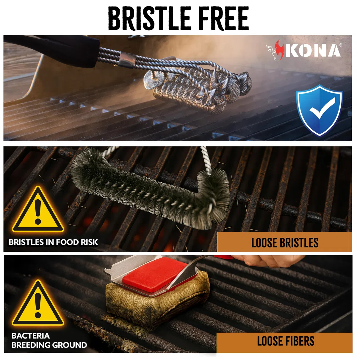 Kona Safe/Clean - Spazzola per barbecue senza setole, per barbecue all'aperto, 100% in acciaio inox, resistente alla ruggine, sicura per porcellana, ceramica, acciaio, ghisa, regalo per grigliate