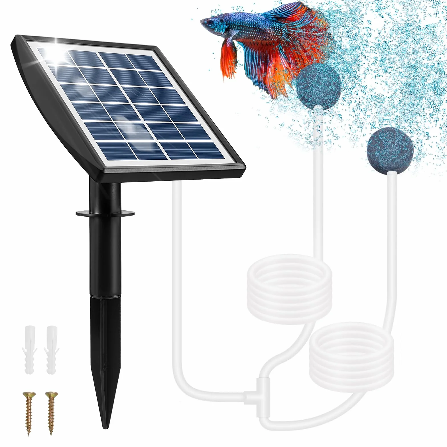 Weinsamkeit Aeratore Laghetto Solare, Ossigeno Solare per Laghetto con Batteria 2200mAh, Ossigenatore per Laghetto con Tubo di Ossigeno e 2 Pietra Della Bolla, Aeratore per Laghetti, Acquari