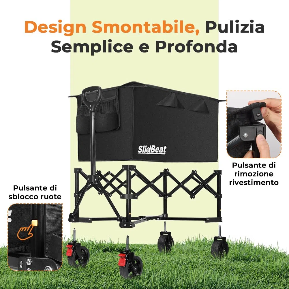 SLIDBEAT Carrello da Campeggio Portatile 120L, Carrello Spiaggia Ruote Grandi con Maniglia Regolabile, Carrello da Giardino Pieghevole Adatto a Tutti i Terreni