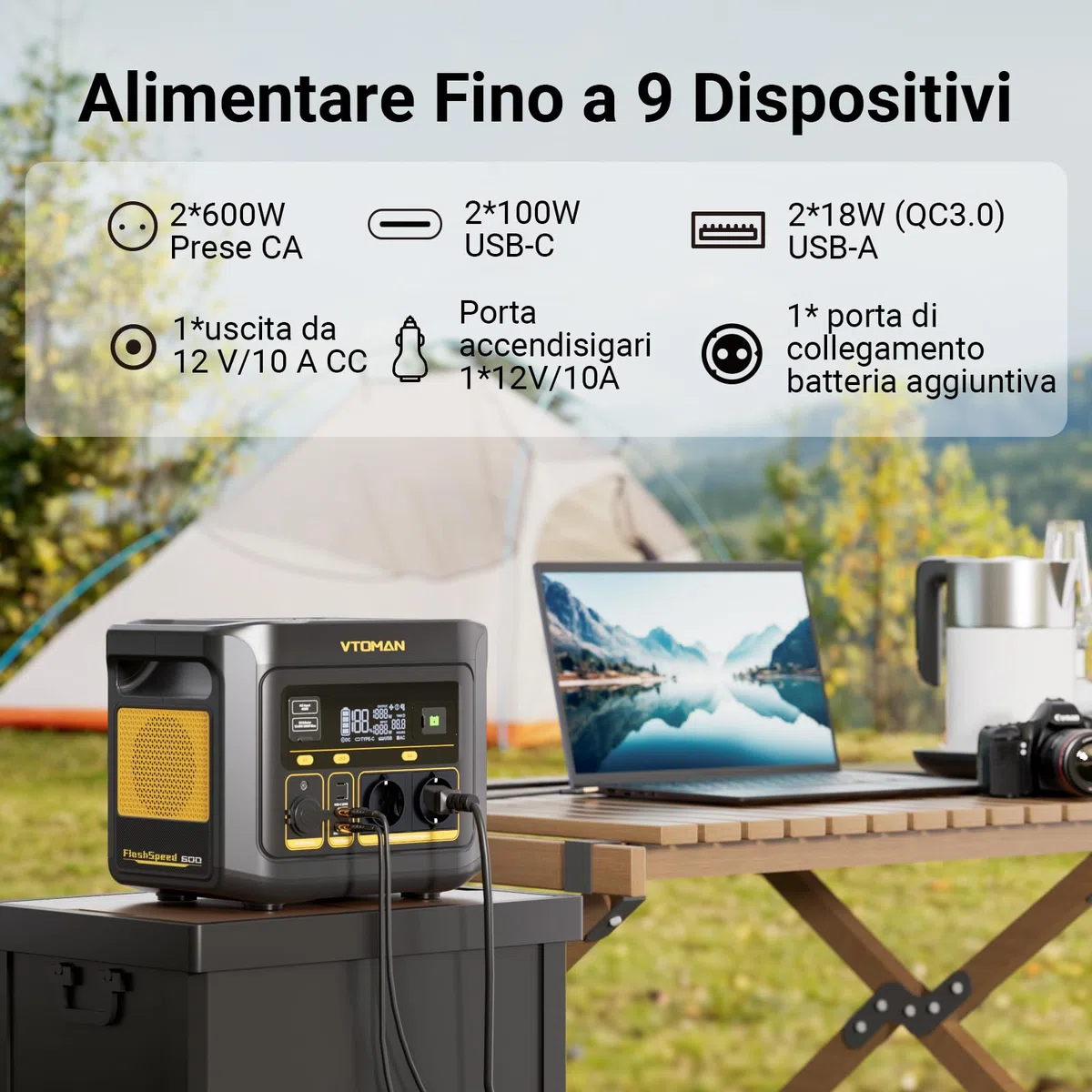 VTOMAN FlashSpeed 600 Centrale Elettrica Portatile 499Wh - 600W(1200W Picco) LiFePO4 Power Station, 100W USB-C, Ricarica da 0-80% in 60 Min, Capacità Espandibile Generatore Solare per Campeggio