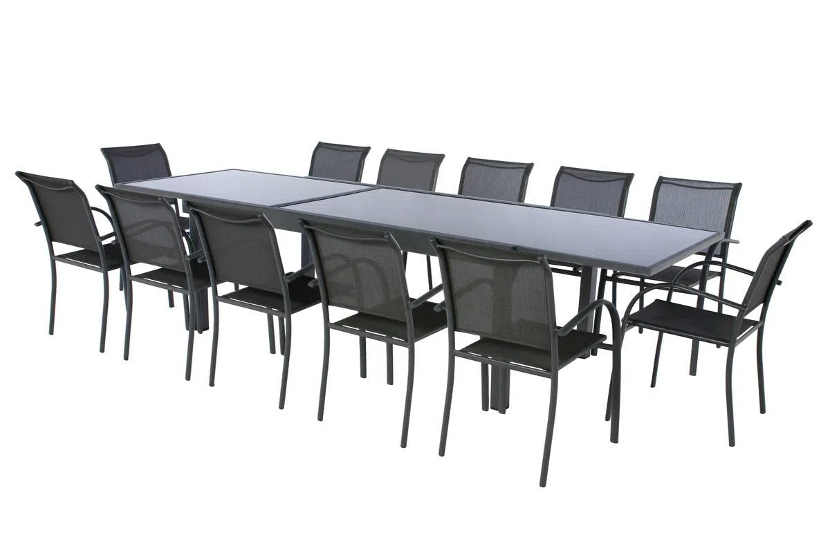 Hespéride - Tavolo da giardino allungabile Piazza, grigio grafite - 12 posti - Alluminio antiruggine, vetro temperato - Mobili da esterno con prolunga scorrevole