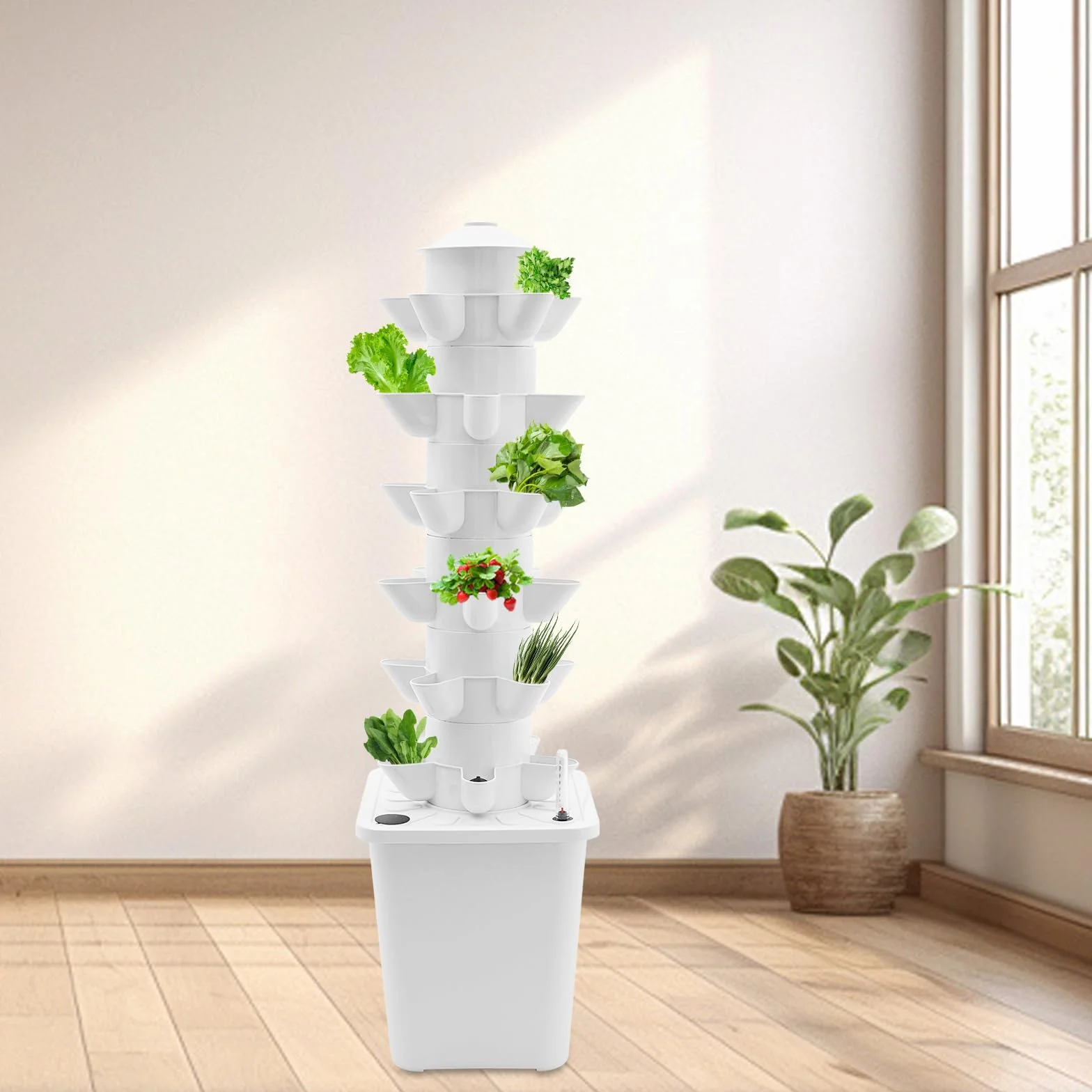 Hydroponic Growing System, 6 piani, 30 fori, torre idroponica con serbatoio dell'acqua da 10 l, indicatore del livello dell'acqua, per pomodori, fragole, lattuga, peperoncino, menta