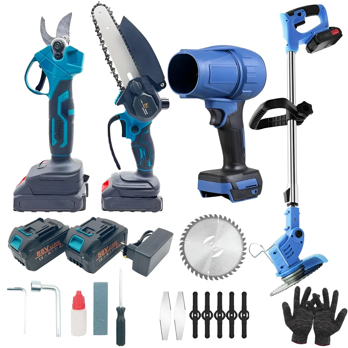 Kit Giardinaggio 4 in 1 a Batteria 88V con Motosega, Tronchese, Soffiatore e Decespugliatore, 2 Batterie Ricaricabili – Set Completo per Potatura e Pulizia Giardino