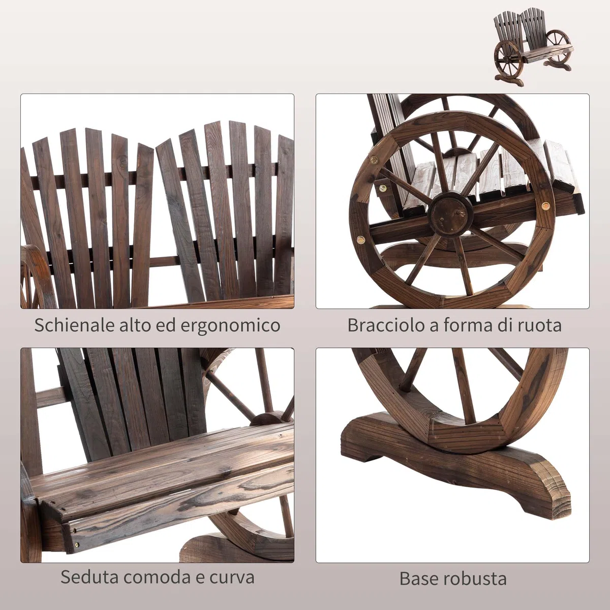 Outsunny Panchina da Giardino da 2 Posti con Braccioli a Forma di Ruota, Panchina da Esterno a Doghe in Legno di Abete, Panca per Terrazza Patio e Cortile, 108x66x95 cm, Carbonizzato