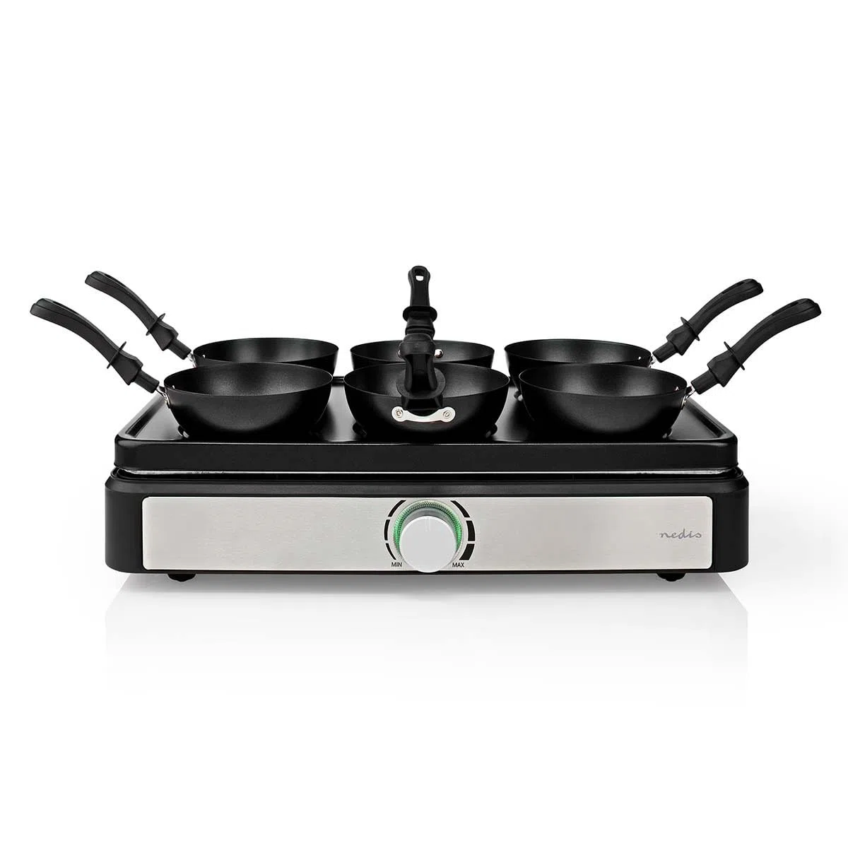 NEDIS FCRA310FBK6 set wok da tavola – per 6 persone – con mini wok e spatole – regolazione della temperatura – rivestimento antiaderente – design rettangolare – nero