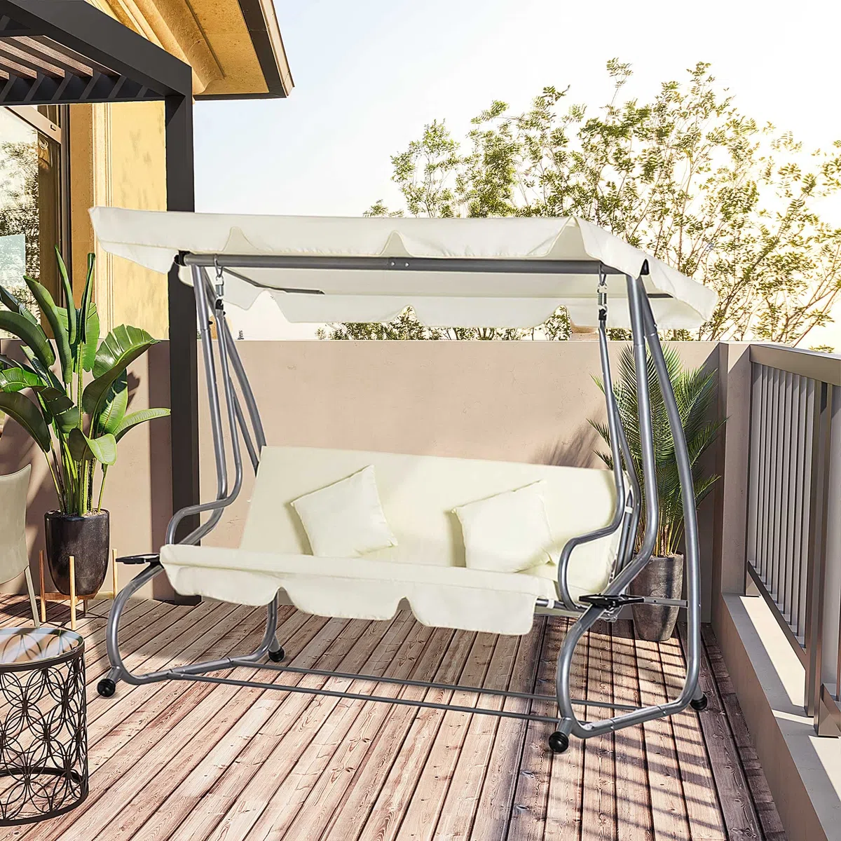 Outsunny Dondolo da Giardino convertibile in Letto a Dondolo, Dondolo 3 Posti in Acciaio e Poliestere con Tetto Regolabile e 2 Portabicchieri, 200x120x164 cm, Crema