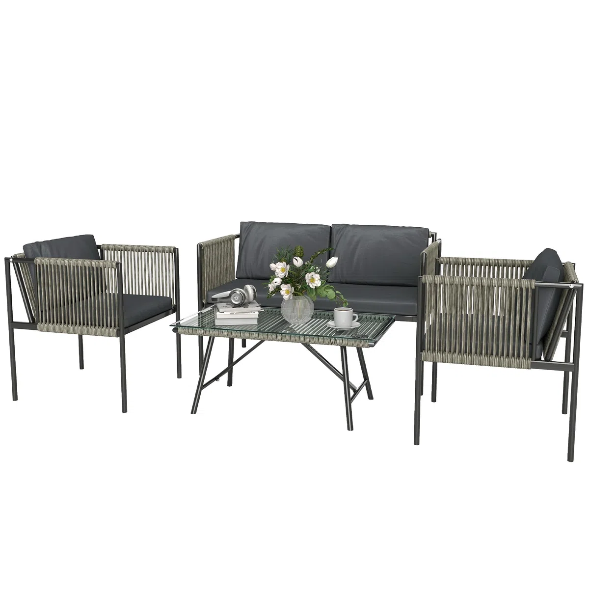 Outsunny Set di Mobili da Giardino in Rattan 4 Pezzi, Salotto da Esterno con Divano a 2 Posti, 2 Poltrone da Esterno, Tavolino da Caffè in Vetro e Cuscini Lavabili, Struttura in Acciaio, Nero/Grigio