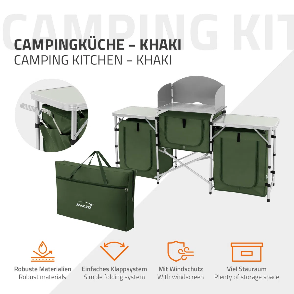 Hauki Cucina da Campeggio Mobile e Pieghevole da Barbecue Esterno con 3 Piani Telaio in Alluminio con Paraspruzzi e Frangivento Vani per Utensili e Accessori con Borsa da Trasporto in Tessuto Kaki