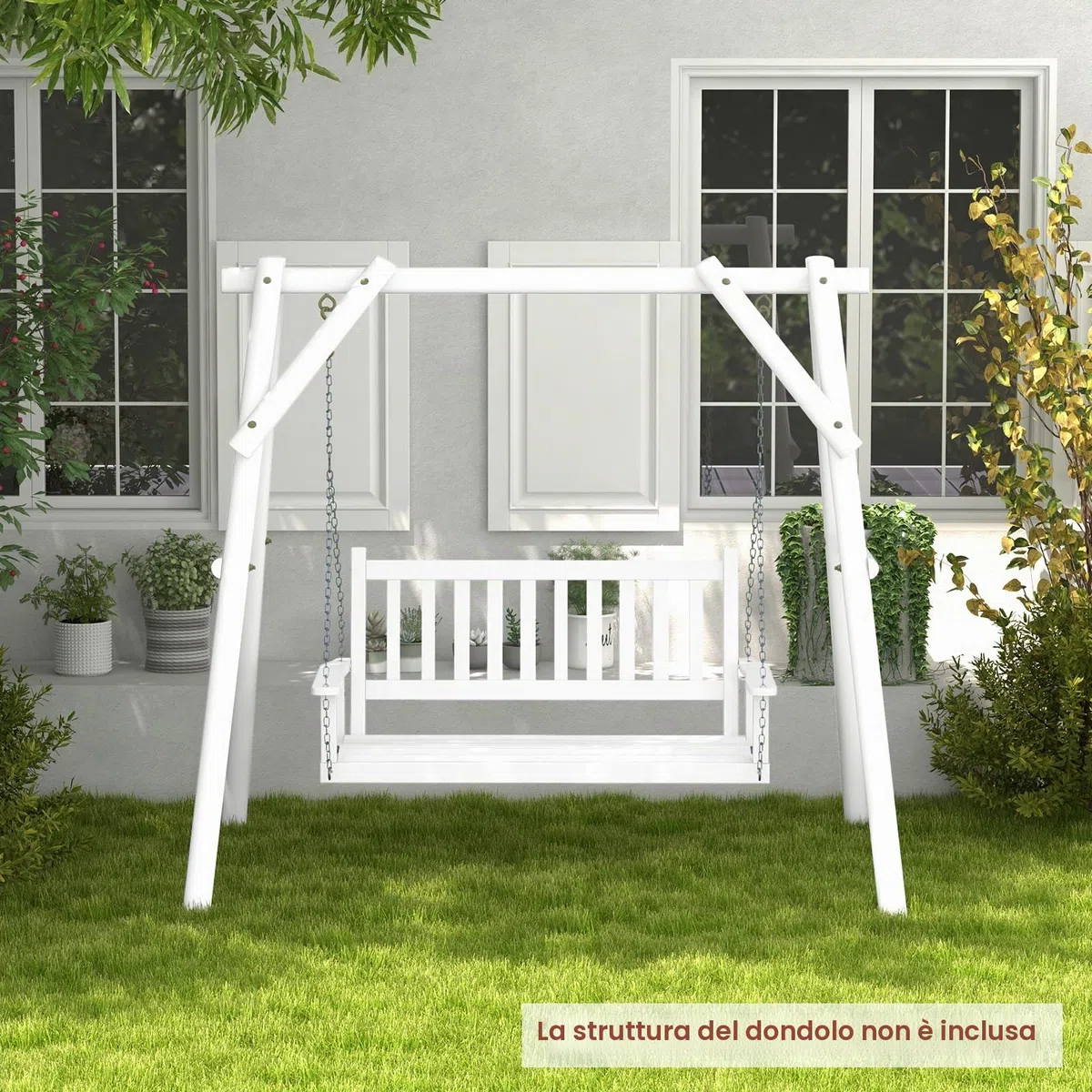 GIANTEX Altalena sospesa in legno per 2/3 persone con catene in metallo zincato regolabili e resistenti, con schienale a doghe e seduta per patio giardino (136 x 67 x 63 cm, bianco)