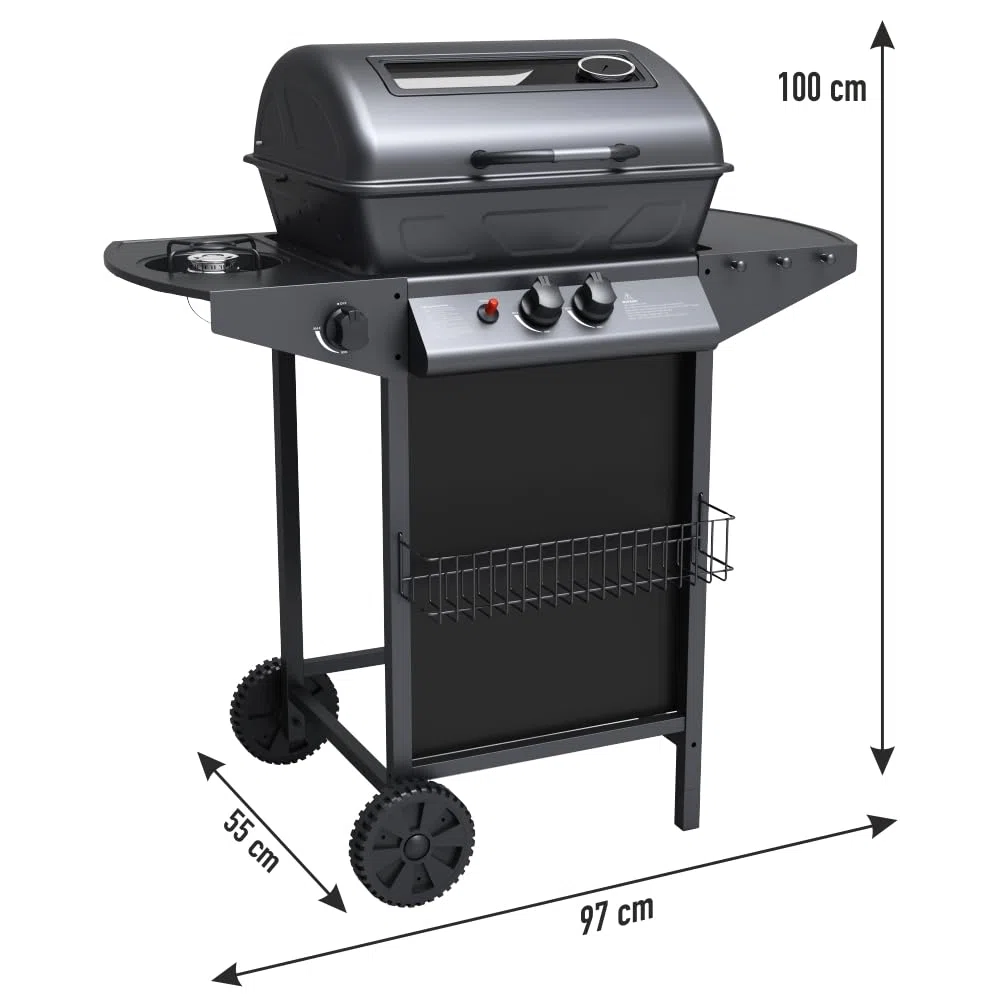 Barbecue a Gas con Pietra Lavica BBQ a Gas 2 Bruciatori + Fornello Laterale Struttura in Acciaio con Piano Laterale D’appoggio e 3 Appendini Pratiko Life