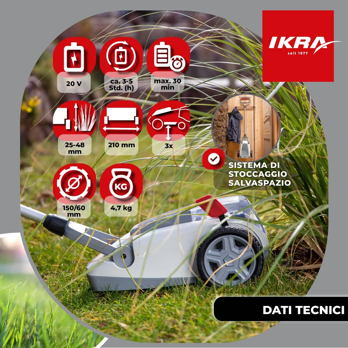 IKRA tosaerba a una mano ICHM 20 con funzione mulching, per prati di piccole 50 m², incl. batteria e caricabatteria