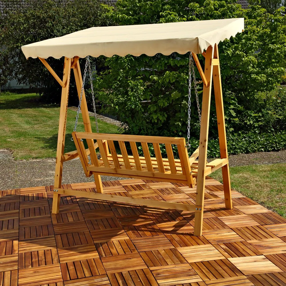 Panca a dondolo stile Hollywood, da giardino, in legno, con tettino incluso – Colore beige