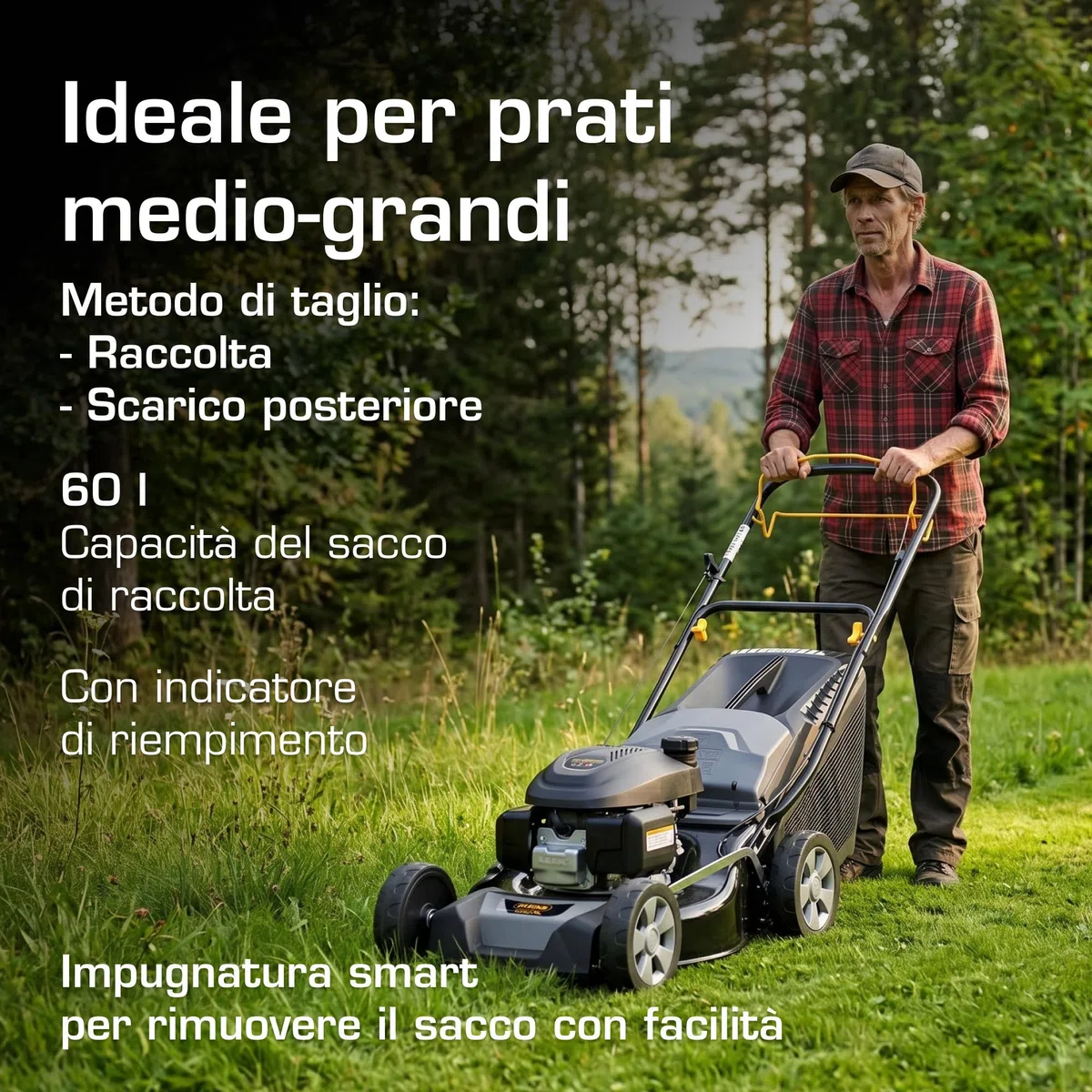 Alpina AL4 46 SH Tagliaerba Semovente, 145 cc, 46 cm – Sacco 60 l, Regolazione Centralizzata 6 Pos. – Prati fino a 1.200 m²