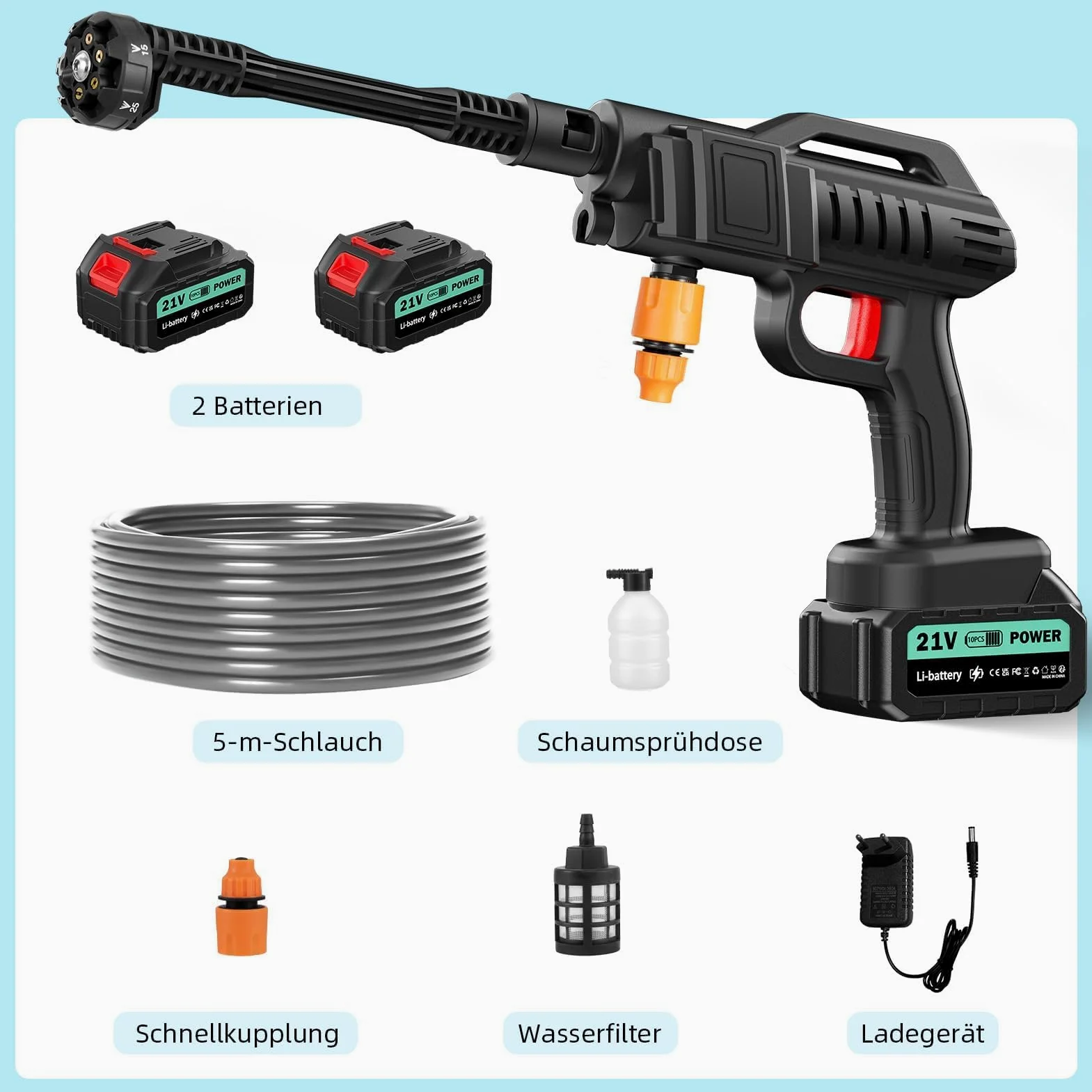 Rondella ad alta pressione a batteria 100 Bar 270 L/H | Idropulitrice Potente Pistola portatile con 2 batterie da 3000 mAh per auto terrazza 6 in 1 ugello regolabile 5m tubo
