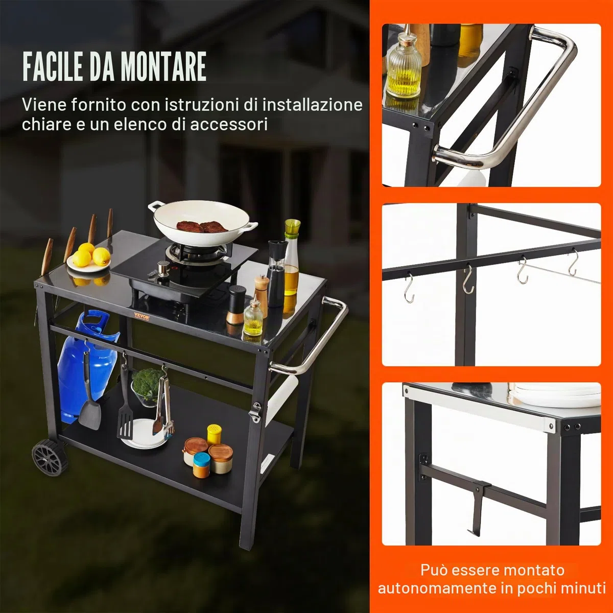 VEVOR Carrello da Pranzo per BBQ da Esterno con Doppio Ripiano, Tavolo Mobile Preparazione degli Alimenti per Barbecue, Piano Multifunzionale in Ferro Pieghevole, Carrelli da Esterno 1000x640x835mm