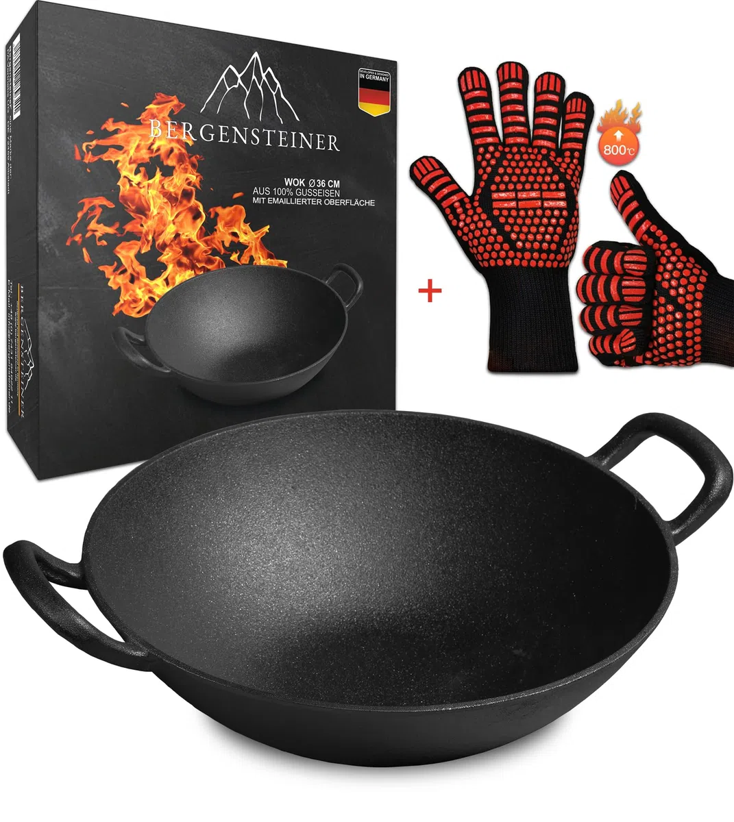 Wok in 100% ghisa con superficie smaltata, diametro 36 cm, grande, grill, induzione, fuoco, barbecue a gas, padella wok, con guanti da barbecue di alta qualità