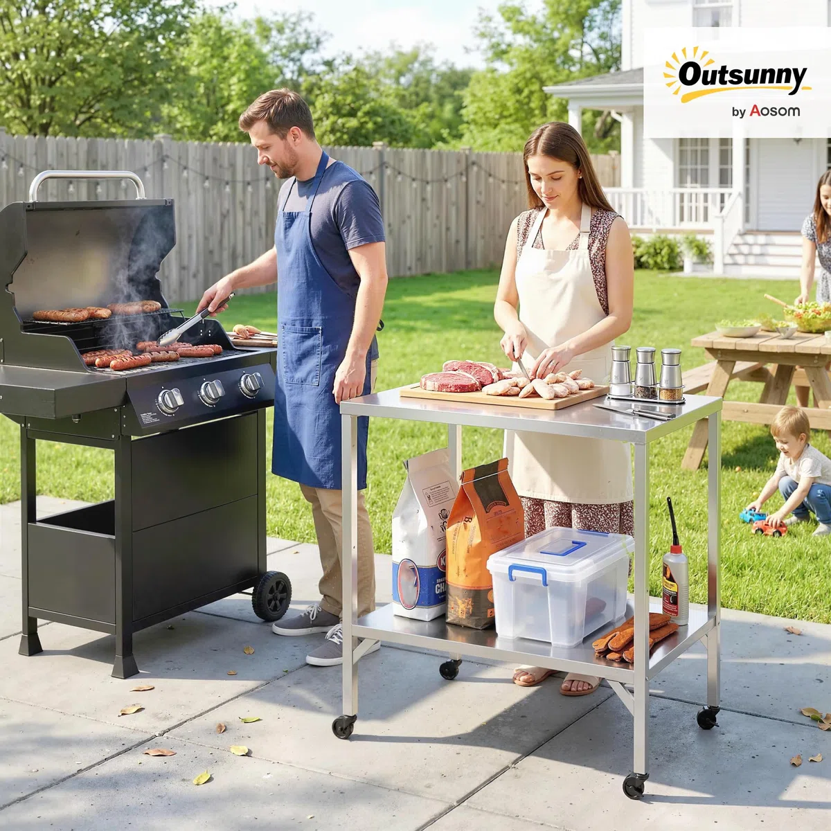 Outsunny Carrello per barbecue in acciaio inossidabile, tavolo di preparazione per esterni di 85 x 60 cm, con piano di lavoro e rotelle, dessert da giardino stabile per forno a pizza e griglia