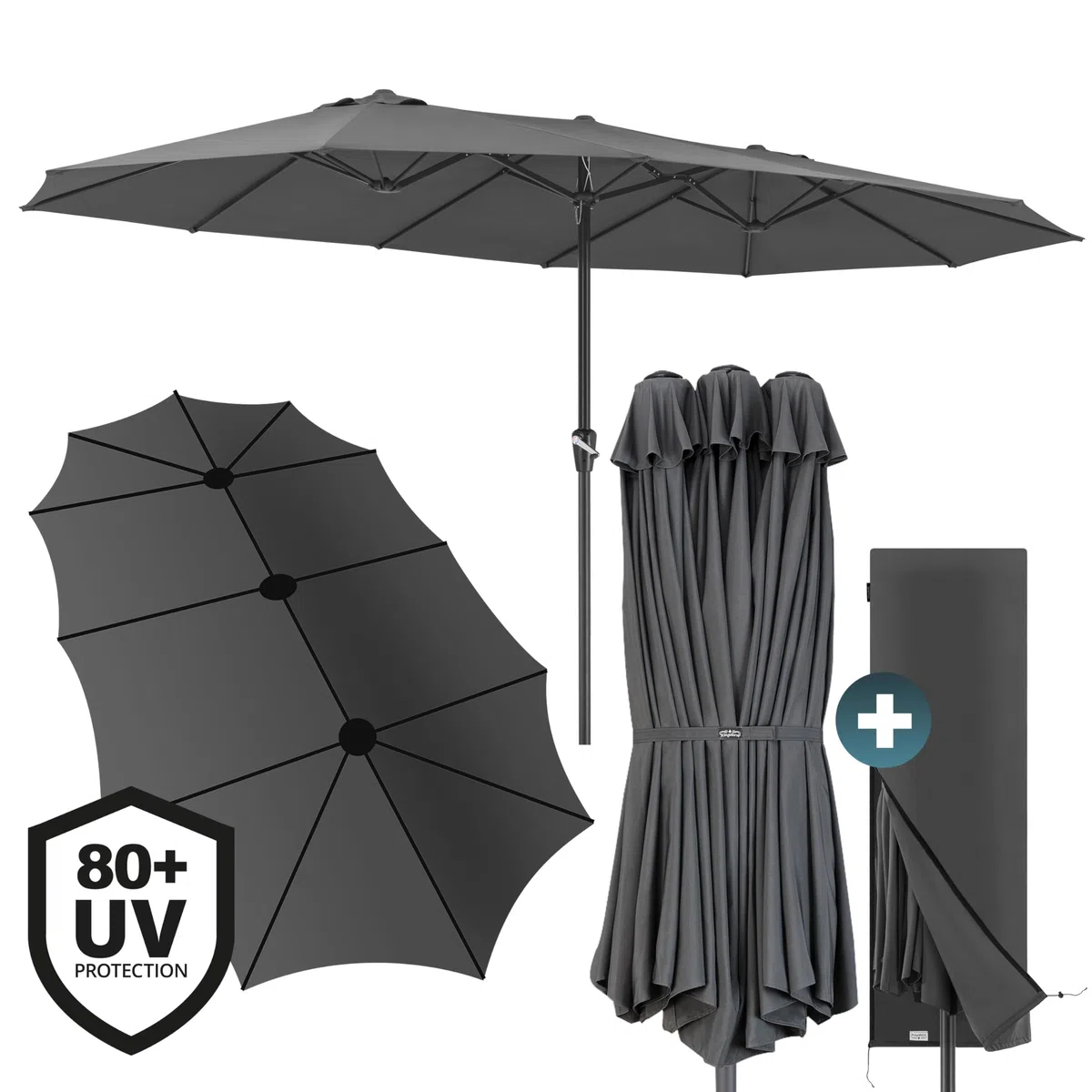 Kingsleeve Ombrellone XXL 460x270 cm Protezione UV 80+ Doppio Grande con Custodia e Manovella Impermeabile da Giardino Terrazza Balcone Mercato Nero