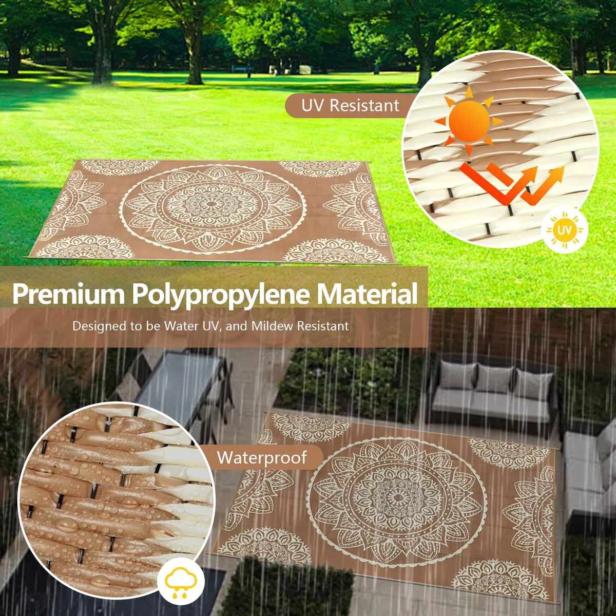 Famibay Tappeto da Esterno Resistente alle Intemperie 270x365cm Reversibile per Campeggio Tappeto da Esterno Impermeabile Beige Marrone in Plastica Ribaltabile Leggero Tappeto da Esterno per Terrazza