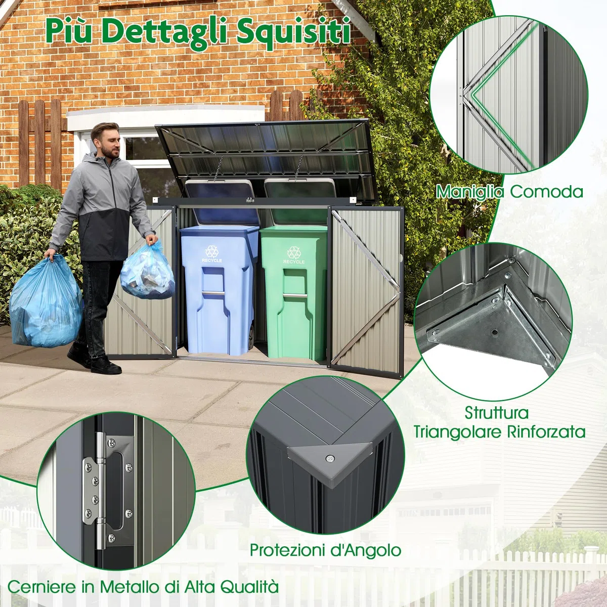 COSTWAY Casetta per Spazzatura Esterna 1,51㎡, Capanno da Giardino Bloccabile in Metallo Zincato Resistente alle Intemperie con Doppie Aperture e 2 Porte, Ripostiglio per Patio (Grigio)