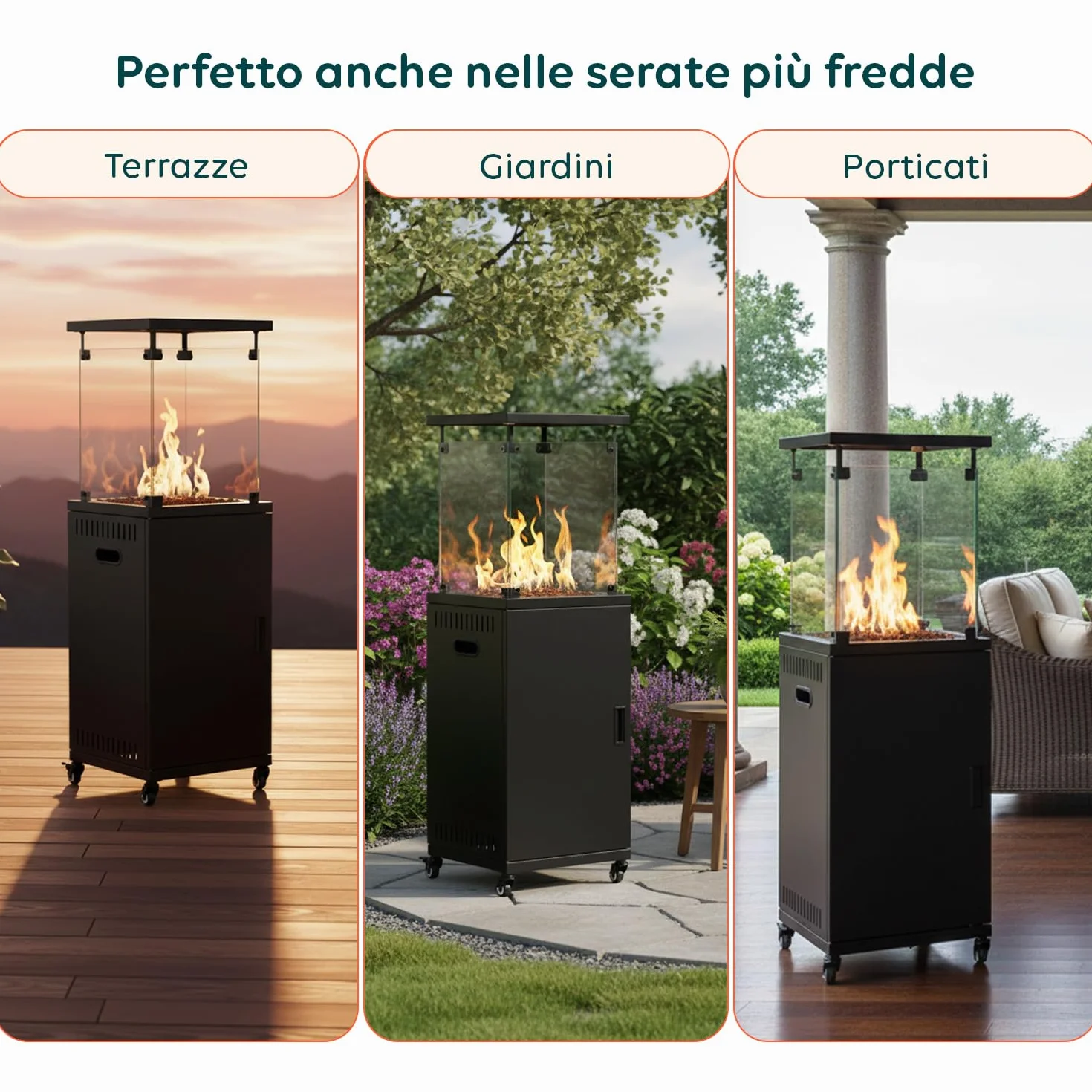 Avilia – Stufa a Gas a Caminetto da Esterno con Accensione Piezoelettrica e Roccia Lavica per Riscaldamento fino a 15 m², Camino Decorativo con Ruote Integrate e Potenza Regolabile fino a 12 kW