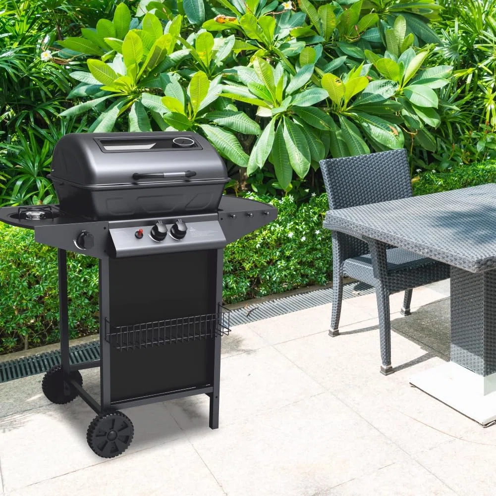 Barbecue a Gas con Pietra Lavica BBQ a Gas 2 Bruciatori + Fornello Laterale Struttura in Acciaio con Piano Laterale D’appoggio e 3 Appendini Pratiko Life